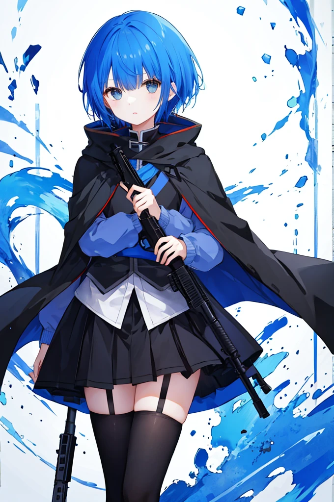 Girl holding a gun、Blue hair short、Black cloak、stockings