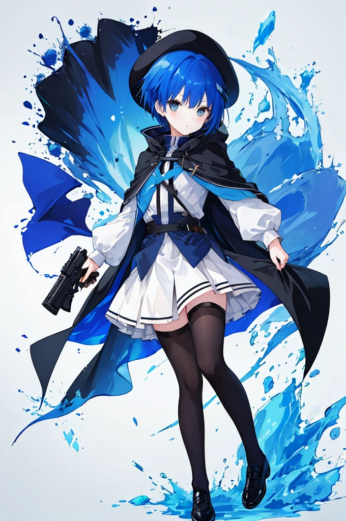 Girl holding a gun、Blue hair short、Black cloak、stockings
