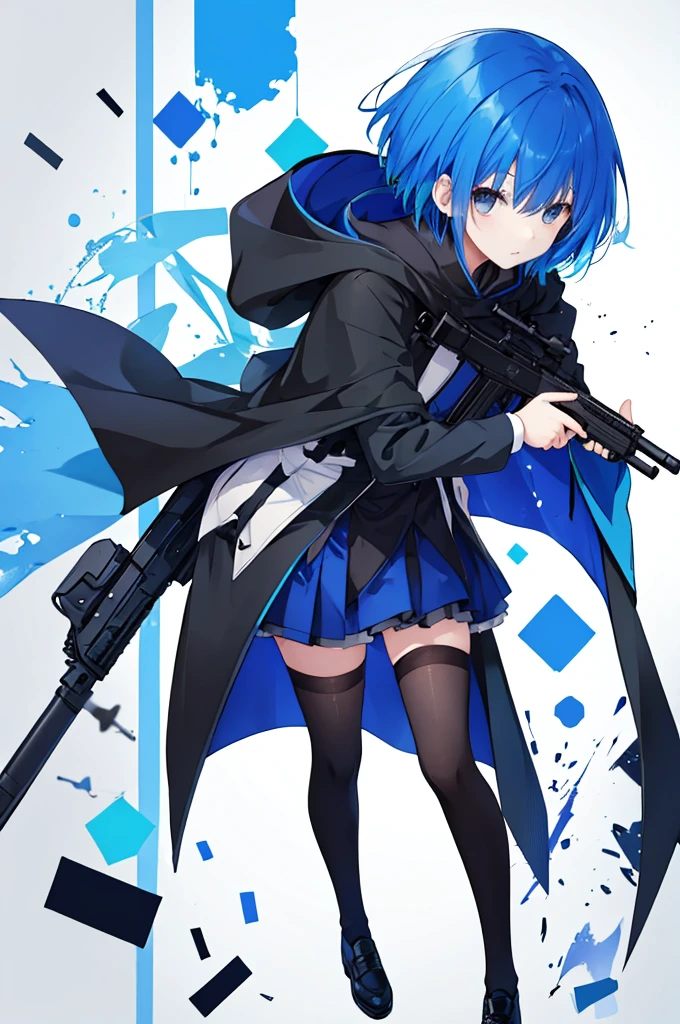 Girl holding a gun、Blue hair short、Black cloak、stockings