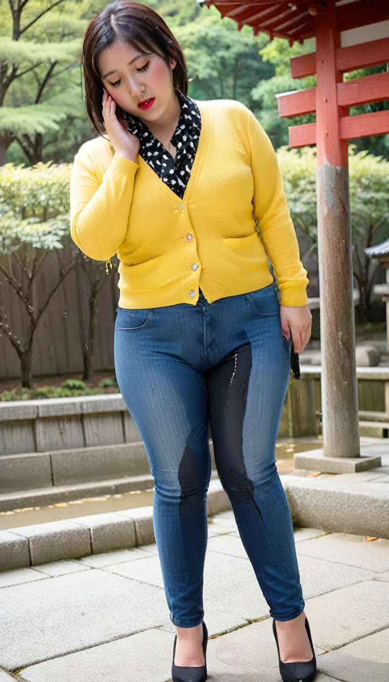 1woman,(masterpiece:1.8),photo-realistic,16k,(beautiful 40s japanese plump lady:1.2),(right yellow cardigan,chiffon blouse:1.6),(jeans:1.5),pumps,belt,(whimpering:1.6),(panicking:1.6),(crying:1.7),(Shinto shrine:1.3),(crowd:1.1),(wetting:1.5),(dripping pee:1.4),long hair,straight hair,black eyes,MILF,curvy,(huge breasts:1.2), makeup,lipstick,eyeliner,mascara,eyeshadow