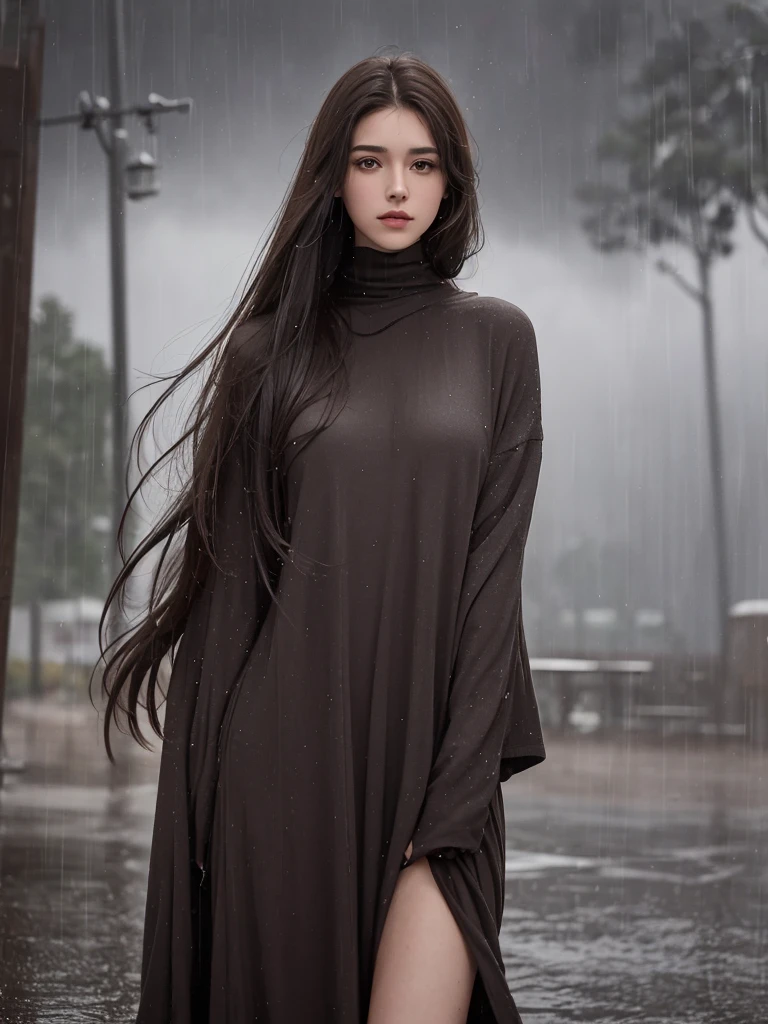 best quality,tmasterpiece,High resolution,Realistic,RAW photo,1girl,dark brown hair,Tall and tall,standing outside in the rain,Sense of strong contrast,Soft and textured skin, cold morning, With a shallow smile, With deep eyes