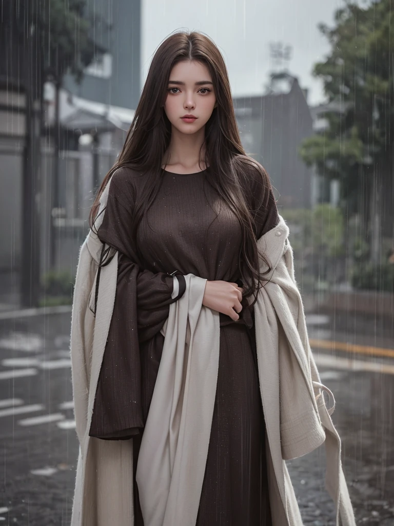 best quality,tmasterpiece,High resolution,Realistic,RAW photo,1girl,dark brown hair,Tall and tall,standing outside in the rain,Sense of strong contrast,Soft and textured skin, cold morning, With a shallow smile, With deep eyes