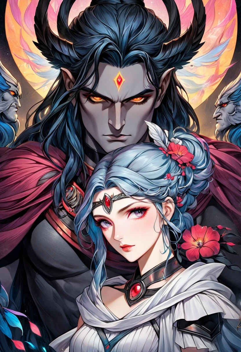 Pastel drawing Portrait of Persephone and Hades, Love in the darkness, Greek mythology goddess of wisdom, of courage, of skill and strategic warfare Warrior dressed as warrior with armor Art print Exotic style Greek mythology style 


