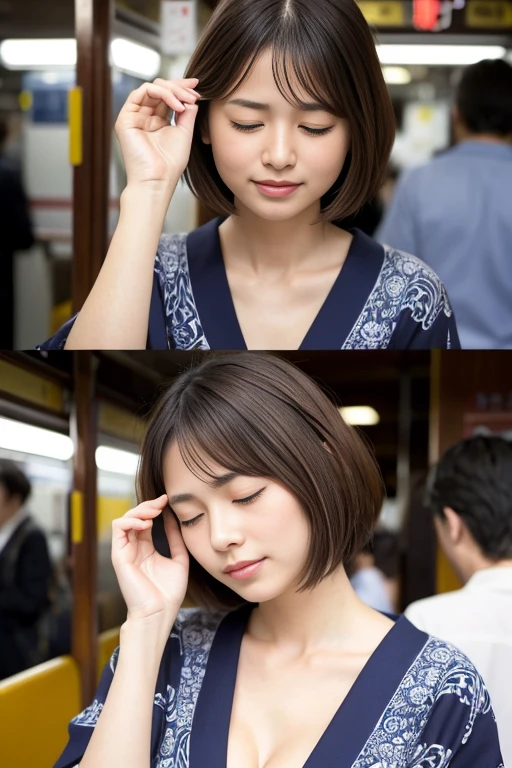 masterpiece、Highest quality、High resolution、Tabletop、wallpaper、Realistic、Bright lighting、Professional Lighting、Face Light、Smooth lighting、Japanese women、Adult female、Beautiful woman、、Modeled、gravure、sexly、so beautiful、Beautiful Skin、Beautiful and exquisite、Detailed face、slim、Large Breasts、Cleavage 、short hair、Brunette colored hair、Brown eyes、Japanese Kimono、Japanese Yukata、(Eyes closed:1.5)、(Expression of enduring pain:1.5)、(Expression of enduring pain:1.5)、In a crowded train、The man is in front of the woman、He has his face close to the woman's chest、