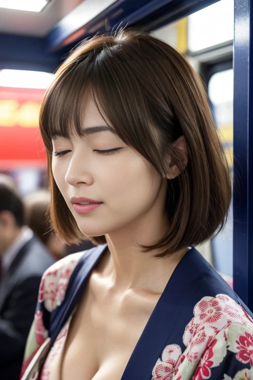 masterpiece、Highest quality、High resolution、Tabletop、wallpaper、Realistic、Bright lighting、Professional Lighting、Face Light、Smooth lighting、Japanese women、Adult female、Beautiful woman、、Modeled、gravure、sexly、so beautiful、Beautiful Skin、Beautiful and exquisite、Detailed face、slim、Large Breasts、Cleavage 、short hair、Brunette colored hair、Brown eyes、Japanese Kimono、Japanese Yukata、(Eyes closed:1.5)、(Expression of enduring pain:1.5)、(Expression of enduring pain:1.5)、In a crowded train、The man is in front of the woman、He has his face close to the woman's chest、