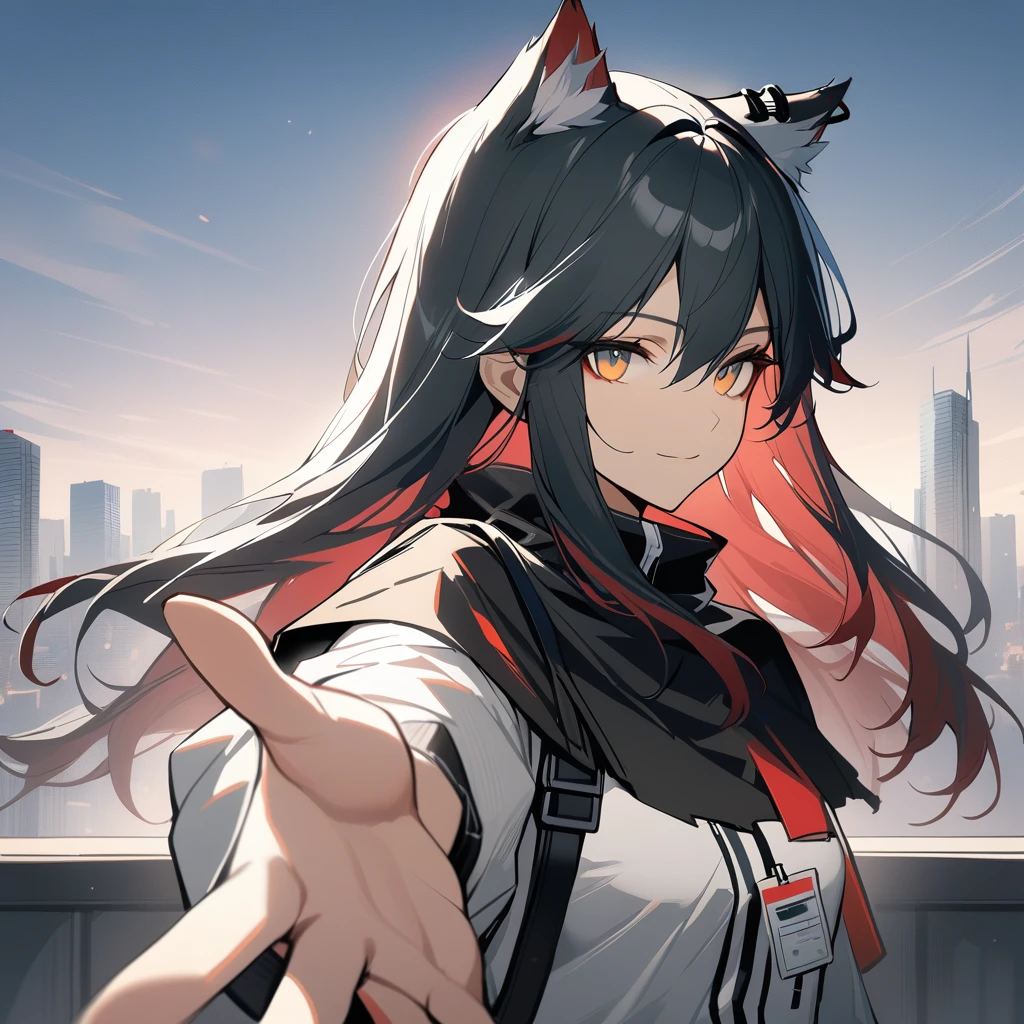 1girl, texas\(arknights), arknights, upper body, standing, wolf ears, black hair, long hair, yellow eyes, light smile, white jacket, black capelet, cityscape, reaching towards, outstretched arm, masterpiece, best quality, Red hair,
