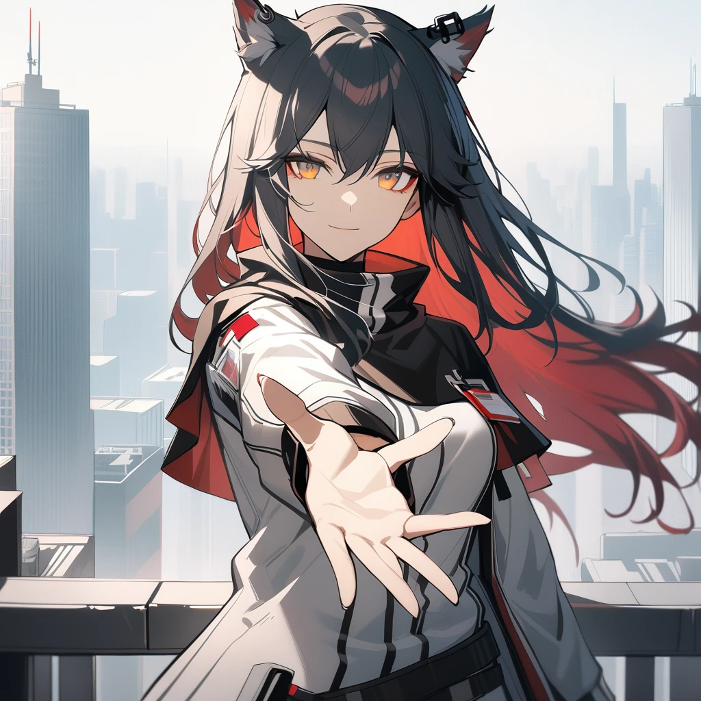 1girl, texas\(arknights), arknights, upper body, standing, wolf ears, black hair, long hair, yellow eyes, light smile, white jacket, black capelet, cityscape, reaching towards, outstretched arm, masterpiece, best quality, Red hair,