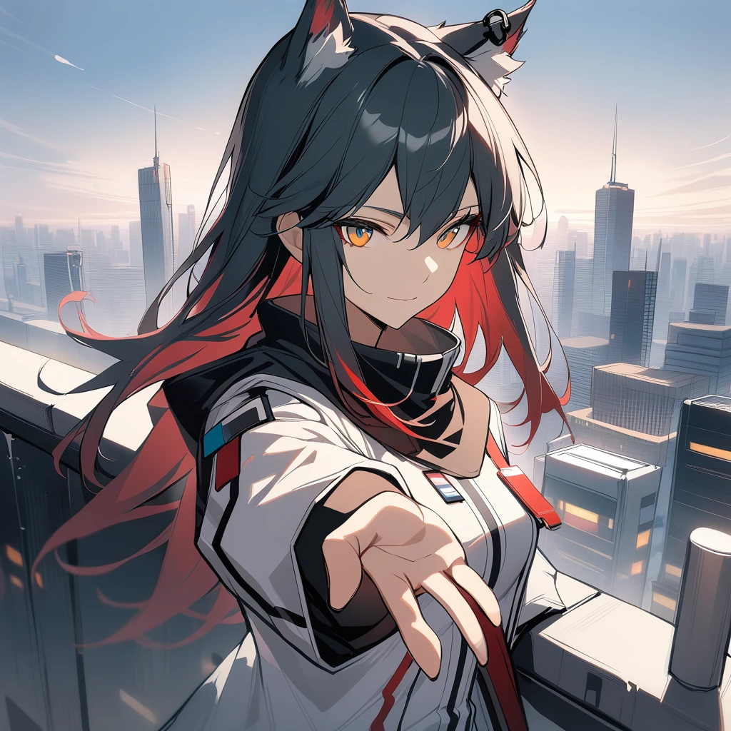 1girl, texas\(arknights), arknights, upper body, standing, wolf ears, black hair, long hair, yellow eyes, light smile, white jacket, black capelet, cityscape, reaching towards, outstretched arm, masterpiece, best quality, Red hair,