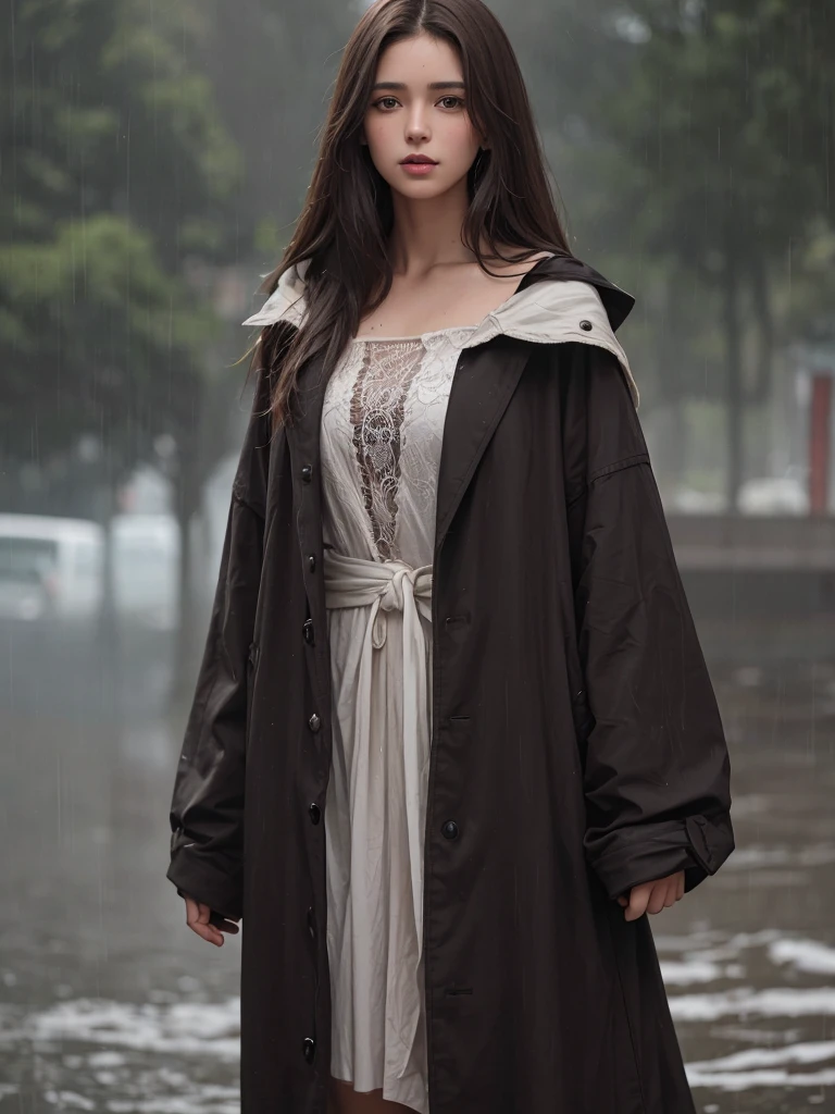 best quality,tmasterpiece,High resolution,Realistic,RAW photo,1girl,dark brown hair,Tall and tall,standing outside in the rain,Sense of strong contrast,Soft and textured skin, cold morning, With a shallow smile, With deep eyes