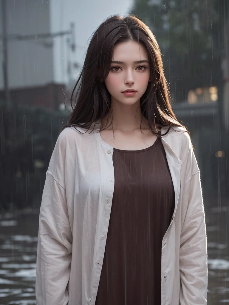 best quality,tmasterpiece,High resolution,Realistic,RAW photo,1girl,dark brown hair,Tall and tall,standing outside in the rain,Sense of strong contrast,Soft and textured skin, cold morning, With a shallow smile, With deep eyes
