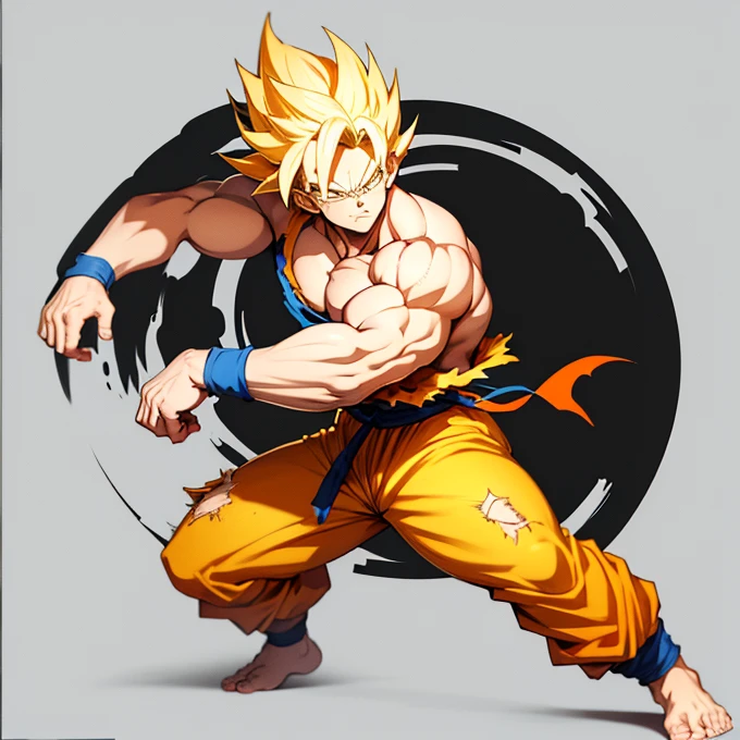 A detailed anime style drawing of Son Goku as a super Saiyan. blonde hair, Big muscles, Bodybuilder body, Bare torso, barefoot, sole of the foot, toes. Tight biceps, torn pants, dynamic fighting pose