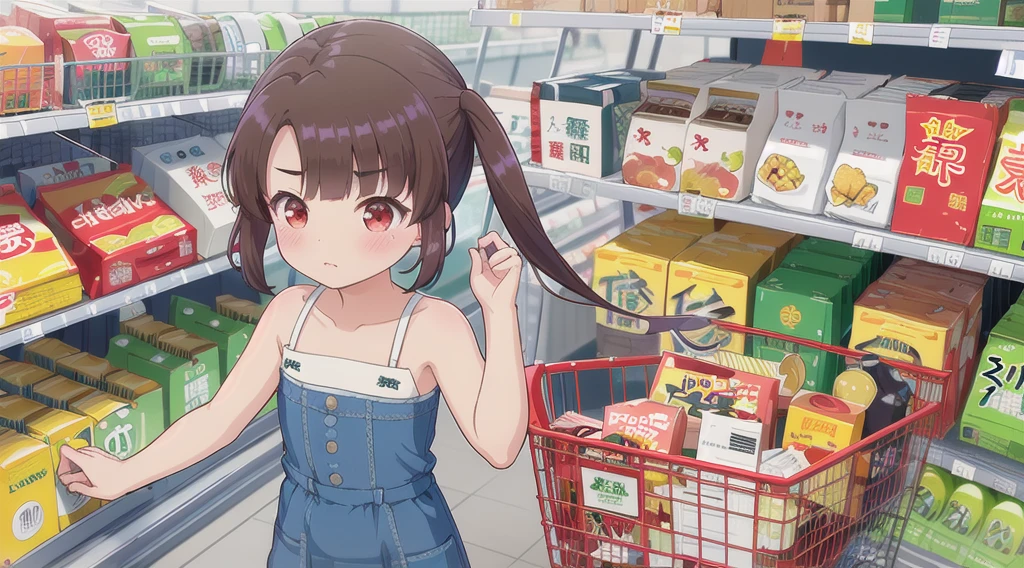 Highest quality,masterpiece,indoor,supermarket, 1girl,Red eyes, Shine目,Long twin tails, brown hair, bangs, Shine, eyebrows visible through hair, Flat Chest,shy, blush,