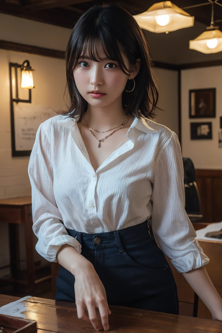 (Highest quality:1.4),(masterpiece:1.4),(Realistic:1.4),(Realistic:1.2),(超High resolution, RAW Photos:1.4),(High resolution, Ultra-detailed:1.2),(8K:1.2),View your viewers,Cinematic photography,One girl,skeletally correct，Black-haired woman，(Small earrings，necklace，Devil Cosplay，View from the front),（Western-style building interior，Dimly lit room，The lamplight shines on my cheeks）