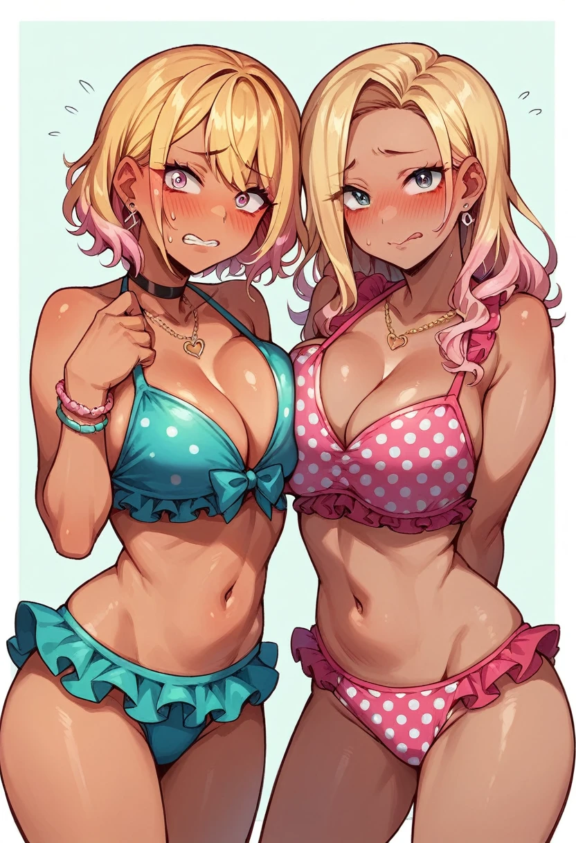 ((sexy 2girl ,gyaru))nsfw,glamorous, blushing, flushed face, ((frills one‐piece Polka dot swimsuits )).looking at viewer,embarrassed, flushed,  bashful, ashamed, 