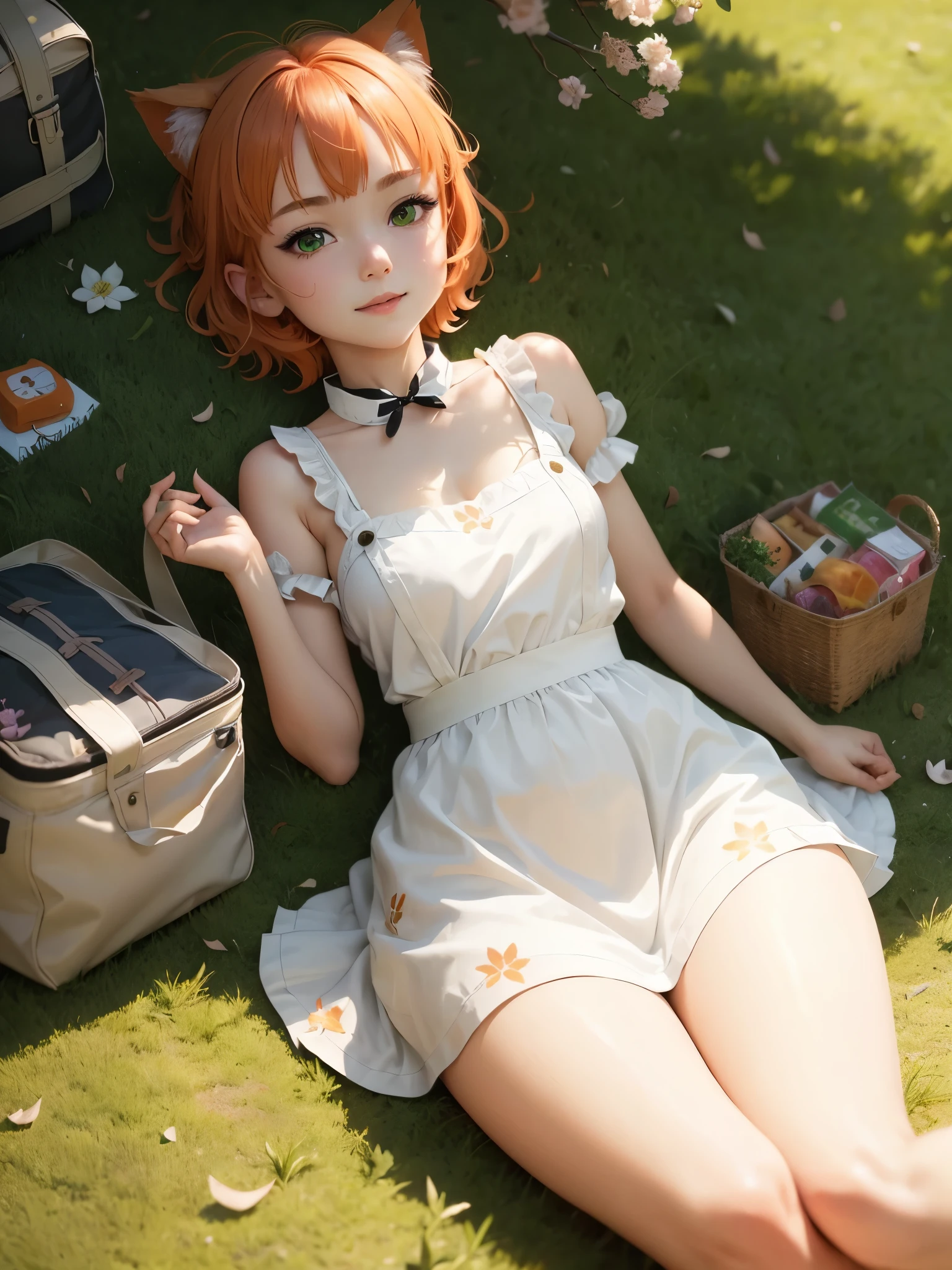 1 girl, neko mimi, loli, anime neko mimi orange short hair girl sitting in grass wearing maid outfit, eagle eye perspective, girl looking up with lovely shining green emerald eyes, cutest smile, outdoor background, floating sakura leaves, girl picnicking under sakura tree, cinematic lighting, extremely detailed fingers, body, face, clothes, picnic set props, ultra HD, masterpiece, ultra realistic picture