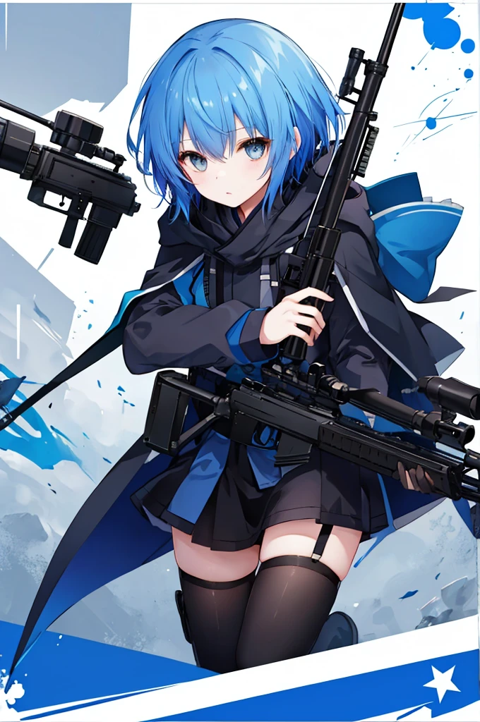 Girl with sniper rifle、Blue hair short、Black cloak、stockings