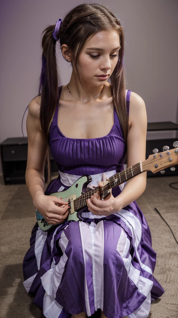 ((masterpiece, best quality))1girl, solo, fashion purple dress modern future, electric guitar, headphones, ponytail, holding, holding plectrum, instrument, very long brown hair, music, one side up, teal hair, twin tails, playing guiter, pleated long skirt fashion, fashion dress modern purple and white, interior, full body, purple, sit down