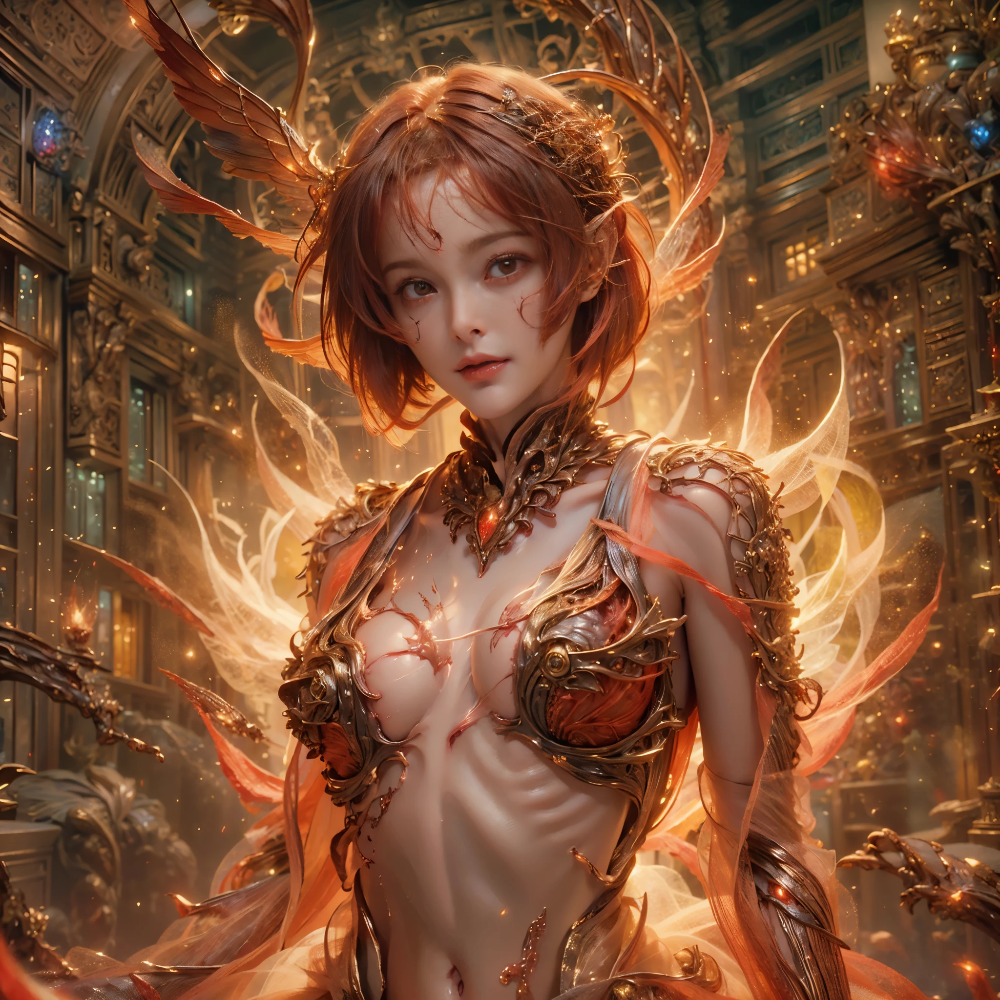 (((8k RAW photo, hyper realistic, masterpiece, best quality, crisp detail, high definition, high detail, very rich detail, sharp focus, sharp detail, colorful, rich color, cinematic, perfect studio lightning, full body photograph, mystic atmosphere))), (((fully naked) young colorful hell goddess, (fully nude), (adorable beautiful baby face, evil round face, smooth straight short hair goddess, red haired goddess, red eyed goddess, medium breast, (asian nipples)), (temptating pose, showing pussy and nipples), smooth body, ideal body, evil smile)), (releasing (hell fire), (showing ((pussy, vagina, genital, nipples)))), ((demonic scorching fire wings, tail)), (incinerated city, meteors shower, night),(cerberus behind, collosal war background)