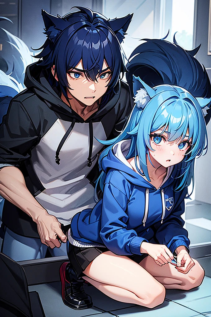 ((Wolf Beast)), ((Blue Hair)), (hoodie), Blue Eyes