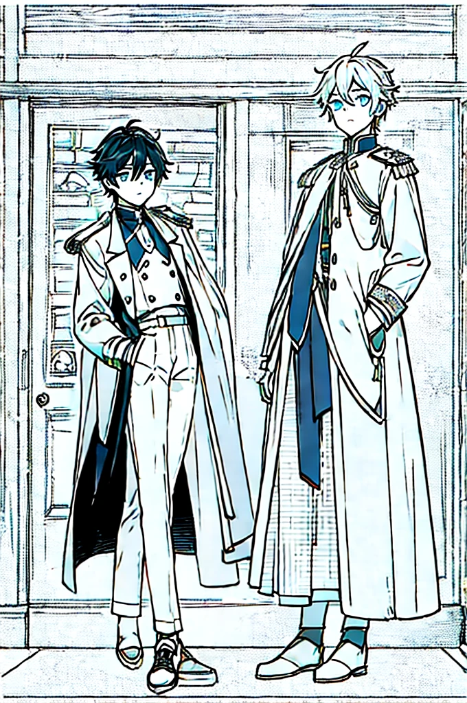 an effeminate teenager with long straight dark hair, although, a little bluish, blue colored eyes, white labcoat, wearing fingerless gloves, wide black pants with pockets, white stockings, red and white sneakers with white laces, he is waving as he stands at the door of his elegant home.