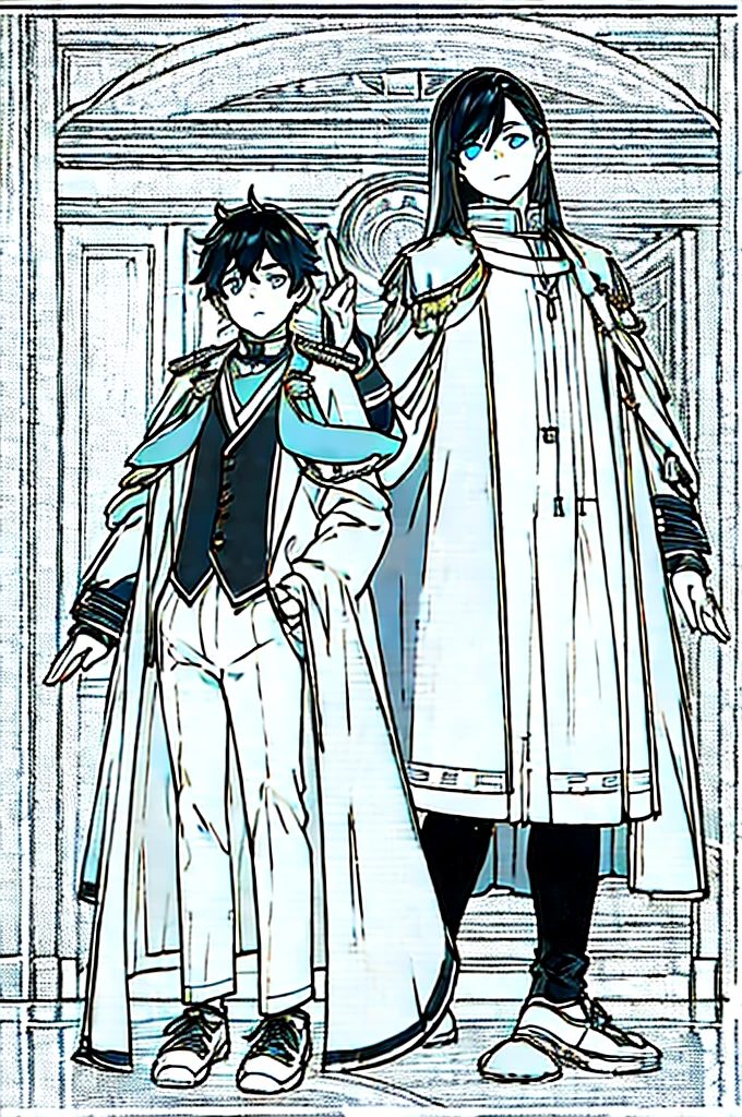 an effeminate ager with long straight dark hair, although, a little bluish, blue colored eyes, white labcoat, wearing fingerless gloves, wide black pants with pockets, white stockings, red and white sneakers with white laces, he is waving as he stands at the door of his elegant home.