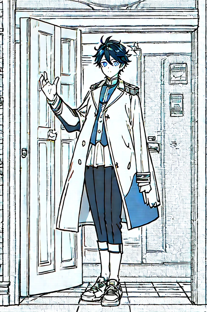 an effeminate teenager with long straight dark hair, although, a little bluish, blue colored eyes, white labcoat, wearing fingerless gloves, wide black pants with pockets, white stockings, red and white sneakers with white laces, he is waving as he stands at the door of his elegant home.