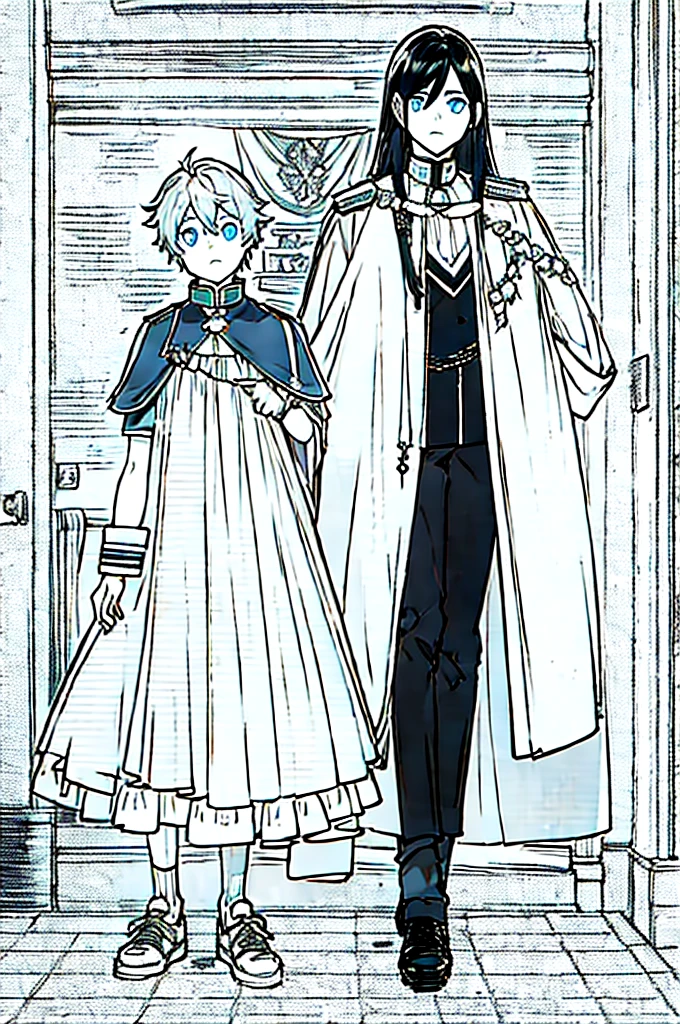an effeminate teenager with long straight dark hair, although, a little bluish, blue colored eyes, white labcoat, wearing fingerless gloves, wide black pants with pockets, white stockings, red and white sneakers with white laces, he is waving as he stands at the door of his elegant home.