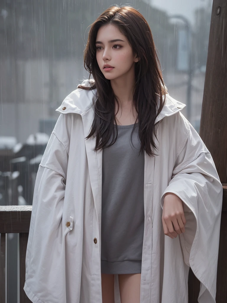 best quality,tmasterpiece,High resolution,Realistic,RAW photo,1girl,dark brown hair,Tall and tall,standing outside in the rain,Sense of strong contrast,Soft and textured skin, cold morning, With a shallow smile, With deep eyes