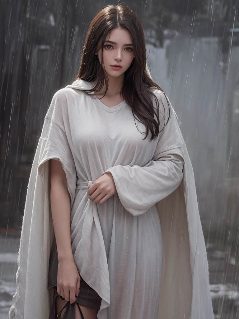 best quality,tmasterpiece,High resolution,Realistic,RAW photo,1girl,dark brown hair,Tall and tall,standing outside in the rain,Sense of strong contrast,Soft and textured skin, cold morning, With a shallow smile, With deep eyes