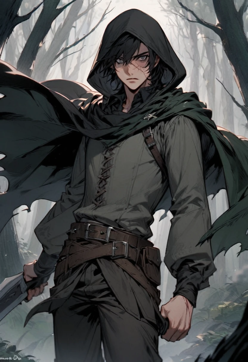 young man ,Male Dark, dark Woods,Red & Black colors, gray eye, rogue dnd, wear cape, hood, have scar