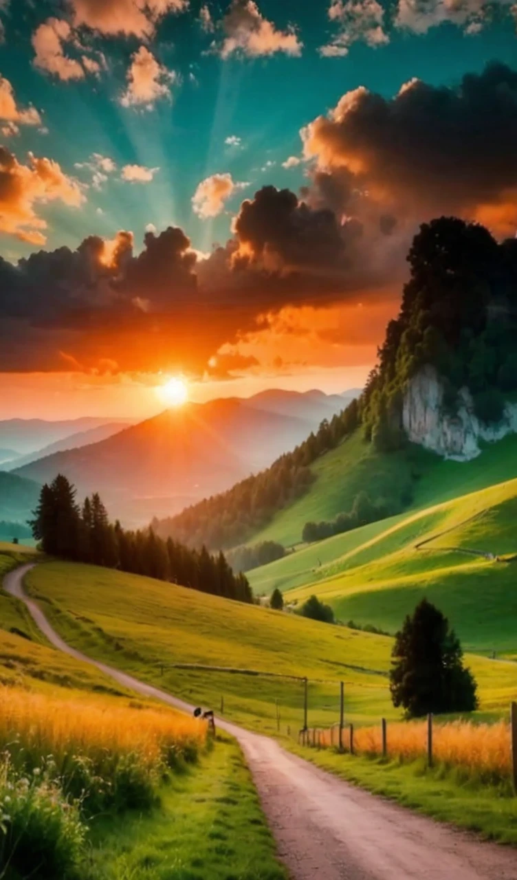 Kitten on motorbike sunset landscape