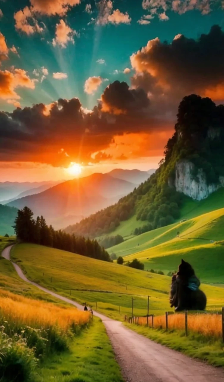 Kitten on motorbike sunset landscape