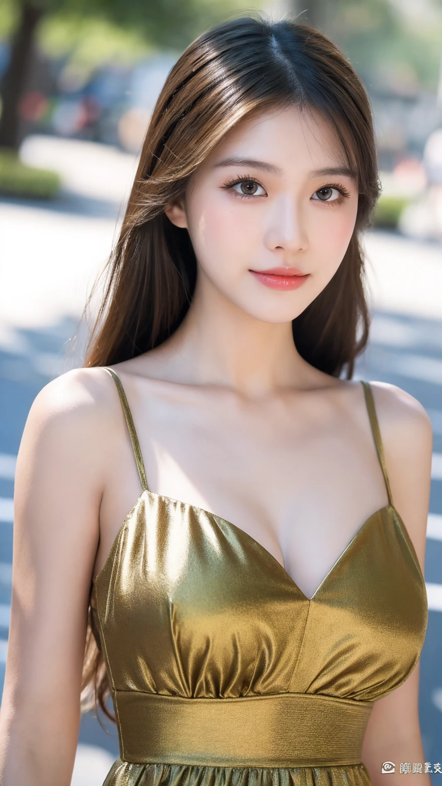 ((Best quality, 8K, masterpiece:1.3))，1girl，18 years old，Asian，Real texture:1.3，(Background blur:1.1)，Gorgeous long dress，Tall and slender figure:1.2，(Hot summer weather)，（street:1.3），Highly detailed face and skin textures，Exquisite eyes，Long eyelashes，Double eyelids，Skin Whitening，happy，Various postures，Big breasts
