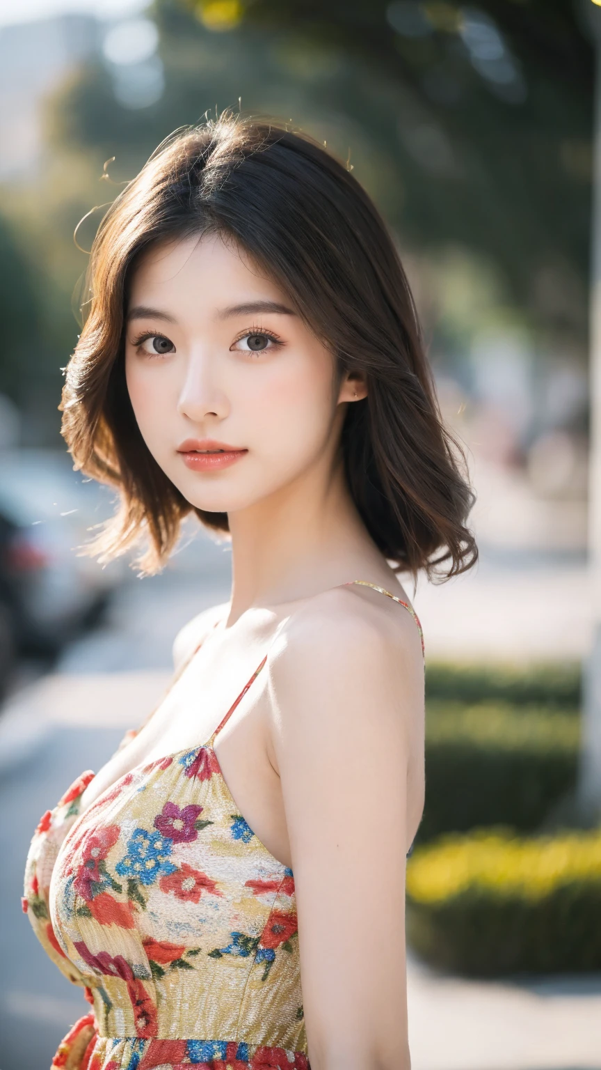 ((Best quality, 8K, masterpiece:1.3)),1girl,18 years old,Asian,Real texture:1.3,(Background blur:1.1),Gorgeous long dress,Tall and slender figure:1.2,(Hot summer weather),(street:1.3),Highly detailed face and skin textures,Exquisite eyes,Long eyelashes,Double eyelids,Skin Whitening,happy,Various postures,Big breasts