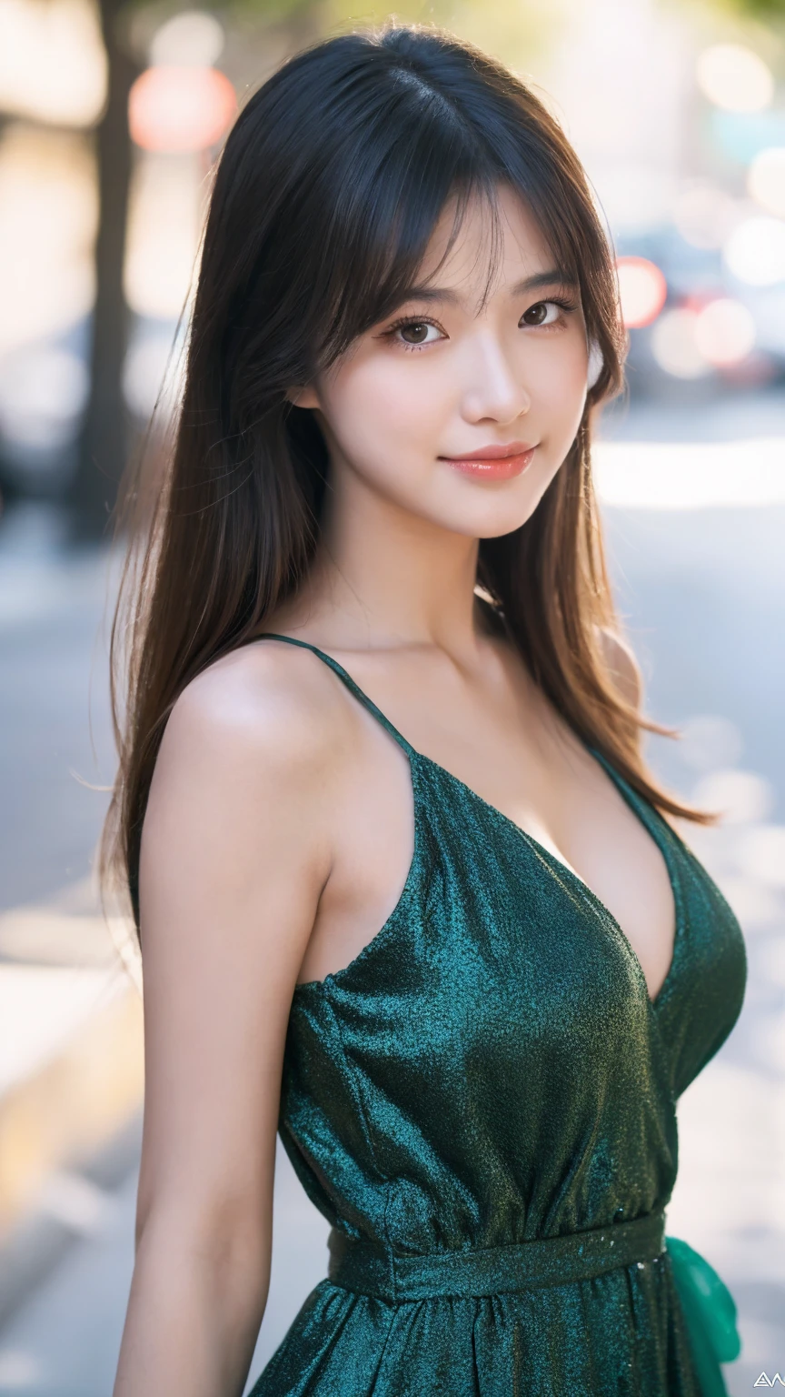 ((Best quality, 8K, masterpiece:1.3)),1girl,18 years old,Asian,Real texture:1.3,(Background blur:1.1),Gorgeous long dress,Tall and slender figure:1.2,(Hot summer weather),(street:1.3),Highly detailed face and skin textures,Exquisite eyes,Long eyelashes,Double eyelids,Skin Whitening,happy,Various postures,Big breasts