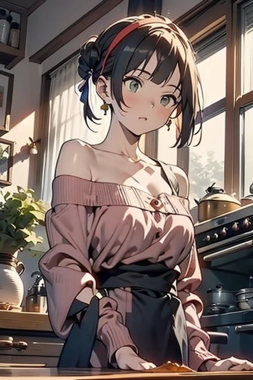 (from below:1.2), (perky chest:1.2), (pointed chest:1.2), 1girl, Bust A Cup, Amazing Cleavage:1.1, thin waist, big ass, Raised sexy, small breast: 1.1 posed cleavage:1.2、solo, looking at viewer, have a cute glass of cute beergrass,black hair, dark green eyes, dress, bare shoulders, jewelry, collarbone, sidelocks, hairband, earrings, indoors, off shoulder, arms behind back, plants, short hair with long locks, gild hairband, off-shoulder dress, sweater dress, off-shoulder sweater, red sweater, dark gord hair, big side hair, very long side hair,is rendered in (masterpiece: 1.2, best quality), with (ultra high resolution) and an exquisite (depth of field). This masterpiece is not only visually stunning but also tells,A scene of cooking in the kitchen
