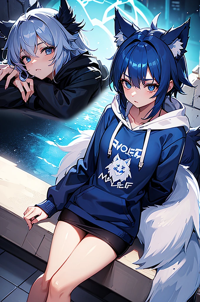 ((Wolf Beast)), ((Blue Hair)), (hoodie), Blue Eyes