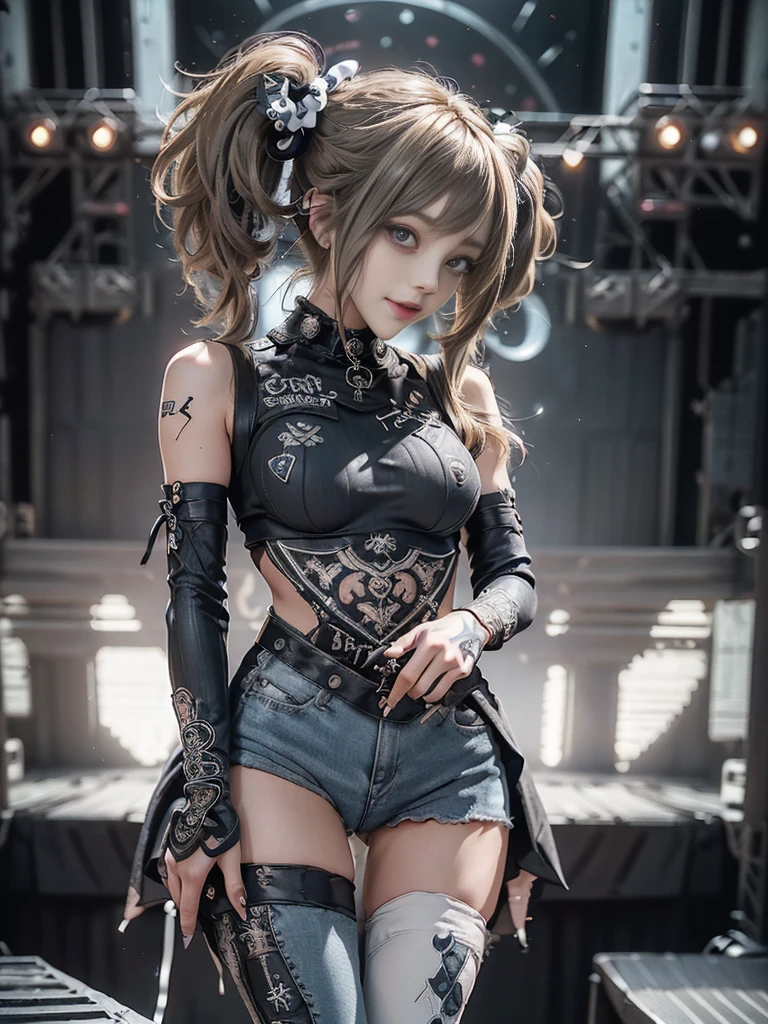 (Full Body View:1.4)、(Side view:1.1)、(Smiling with teeth showing:1.3),(Shibuya Gal:1.5)、(Gothic Lolita style fashion:1.5)、(Punk RockVisual Kei:1.5)、(Wearing a rhythmic gymnastics bodysuit with intricate details:1.4)、(Racing suit and pants with intricate decorations in white, denim and charcoal:1.5)、(Denim and light blue and white boots:1.3)、((belt))、(Numerous delicate logo marks all over the costume:1.4)、(collar:1.3)、(Striped underwear:1.5)、20-year-old、NSFW、((Highest quality、In 8K、masterpiece:1.3))、Sharp focus:1.2、(Layered Cut、Huge boobs:1.1),Beautiful woman with perfect figure:1.4、(Dancing vigorously:1.3)、Slender Abs:1.2、Highly detailed face and skin texture、Detailed eyes、double eyelid,(Twin tails:1.3)、(Brown-golden hair:1.3)、Gravure idol、(The background is the stage of the fashion show:1.3)、(Slim body:1.3),(Make your legs thinner:1.4),（clavicle:1.1）、(Thin and slim thighs:1.3)