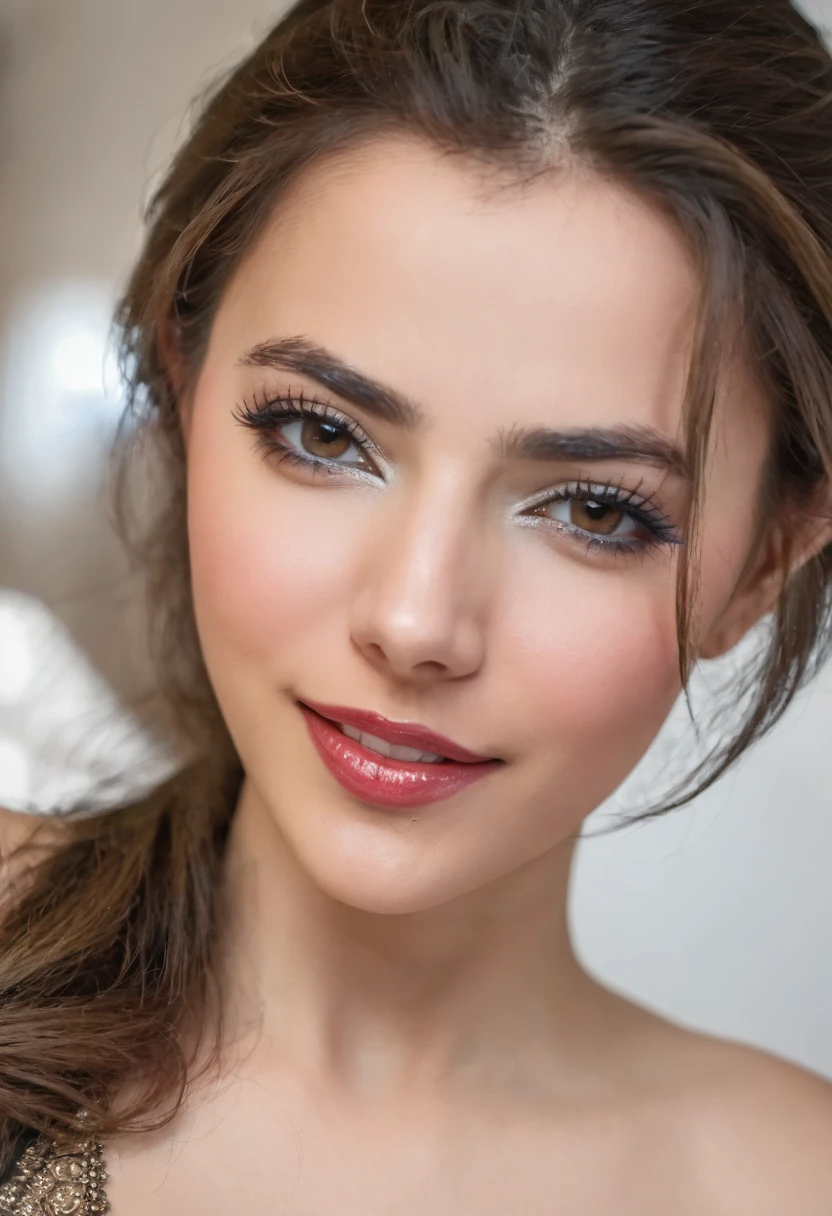 beautiful and sexy middle eastern woman, 20 years, huge tits, neckline,She was wearing an elegant tanga ,Model pose, beautiful sexy, Masterpiece, ultra realistic,detailed,16k , portrait ,film type light, front camera angle, looking at the viewer, flirtatious smile, high heels