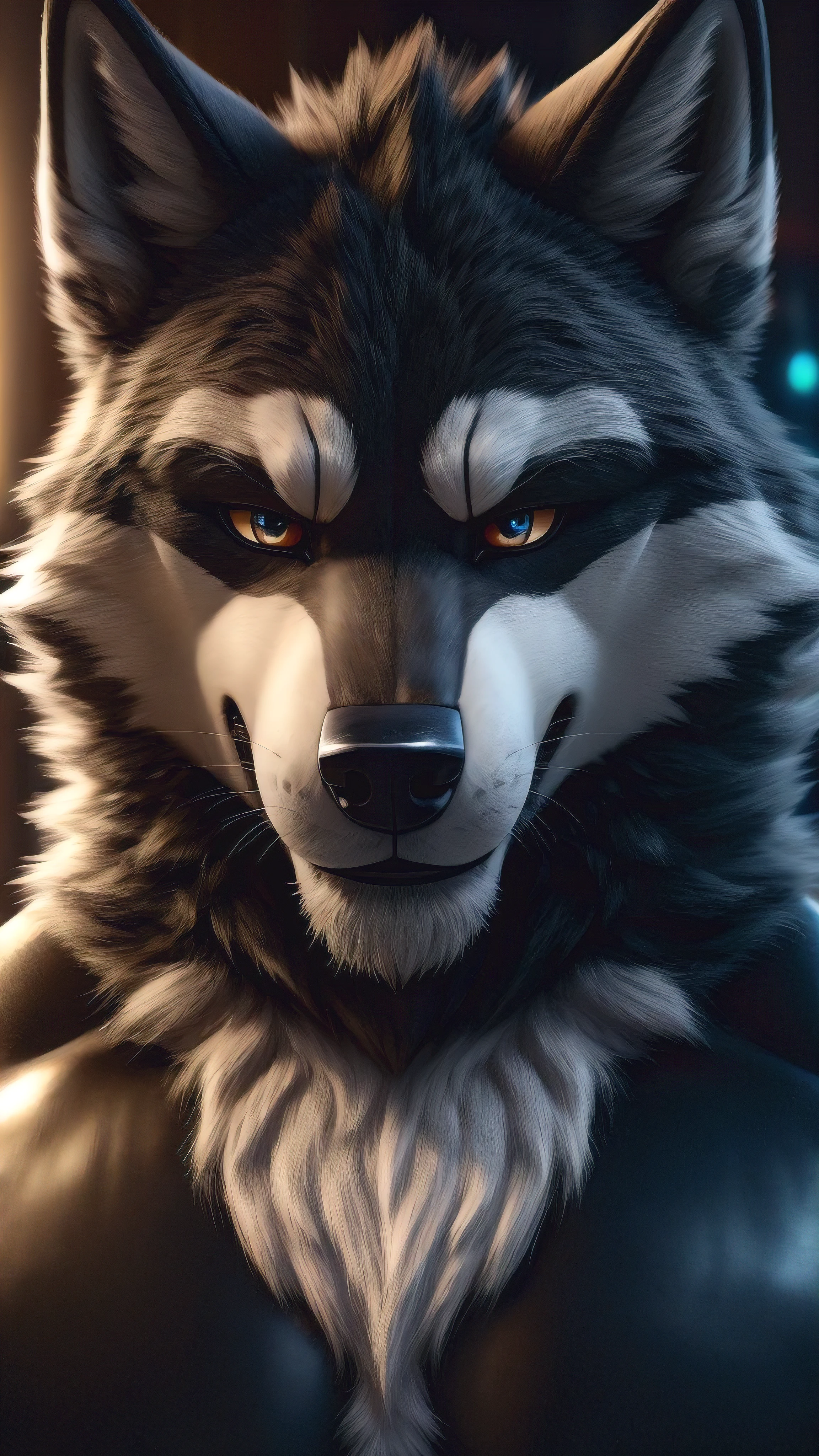 A close-up on the sexy face of a male wolf fursuit muscular