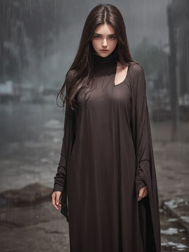 best quality,tmasterpiece,High resolution,Realistic,RAW photo,1girl,dark brown hair,Tall and tall,standing outside in the rain,Sense of strong contrast,Soft and textured skin, cold morning, With a shallow smile, With deep eyes