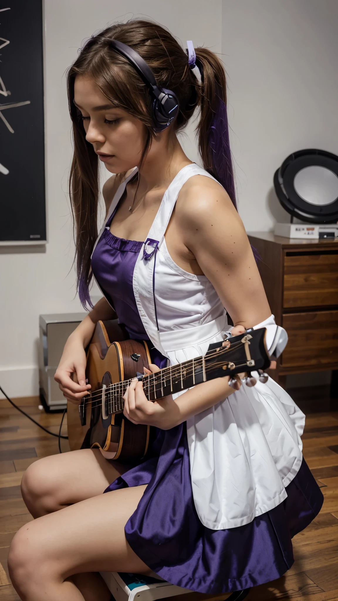 ((masterpiece, best quality))1girl, solo, fashion purple dress modern future, electric guitar,  headphones, ponytail, holding, holding plectrum, instrument, very long brown hair, music, one side up, teal hair, twin tails, playing guiter, pleated long skirt fashion, fashion dress modern purple and white, interior, full body, purple, sit down, walking