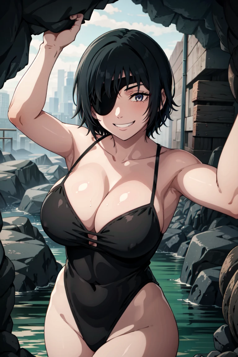 mature female, mature, Adult, Hymen_csm, Hymen (Chainsaw Man), Eye patch, One girl, alone, Grin, villain, bad woman, chest, Black Hair, View your viewers, short hair, pink leotard, Attack, to close range, many octopus, Dark Cave, Underbust, big chest , Wide Hips
