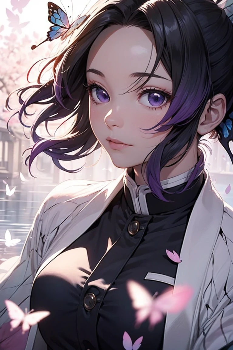 Highly detailed and high resolution masterpiece by Shinobu Kocho, Beautiful yet terrifying dynamic action from the Demon Slayer Corps. There were some butterflies in her voyeur., Highlight the intricate details of the butterfly-themed costume and the intense expressions on the face. Set the scene at dusk, A calm lake and cherry blossom petals in the background. Using rich colors and three-dimensional light、Expressing mysterious beauty and strength。.