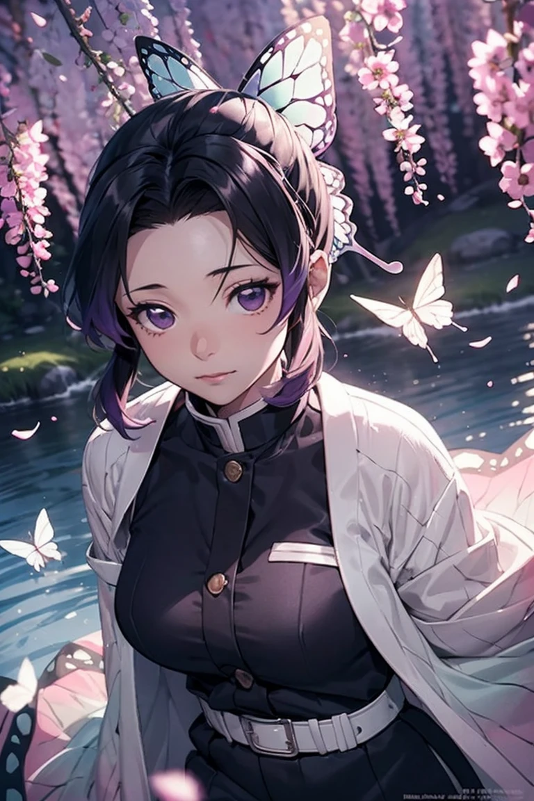 Highly detailed and high resolution masterpiece by Shinobu Kocho, Beautiful yet terrifying dynamic action from the Demon Slayer Corps. There were some butterflies in her voyeur., Highlight the intricate details of the butterfly-themed costume and the intense expressions on the face. Set the scene at dusk, A calm lake and cherry blossom petals in the background. Using rich colors and three-dimensional light、Expressing mysterious beauty and strength。.