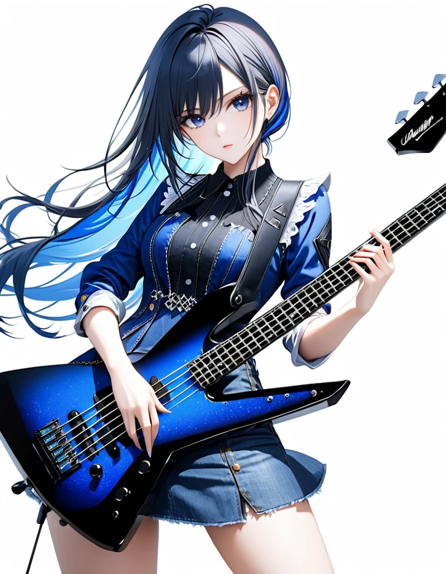 (((White background:1.5)))、(very wide shot)、(masterpiece、Ultra HD、Highest quality、Masterpiece、4K:1.2)、Slender body、Playing a black electric bass,Scandinavian Metal Girl, Intense gaze into the camera, Intricate details, Highly detailed eyes, Highly detailed fingers、Blue semi-long hair、Blue Gothic Dress, Intricate details、jeans、Are standing、Dynamic movement
