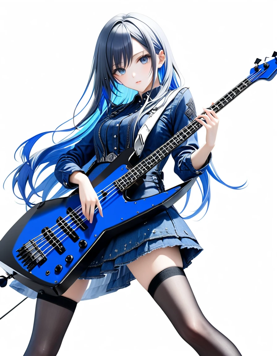 (((White background:1.5)))、(very wide shot)、(masterpiece、Ultra HD、Highest quality、Masterpiece、4K:1.2)、Slender body、Playing a black electric bass,Scandinavian Metal Girl, Intense gaze into the camera, Intricate details, Highly detailed eyes, Highly detailed fingers、Blue semi-long hair、Blue Gothic Dress, Intricate details、jeans、Are standing、Dynamic movement