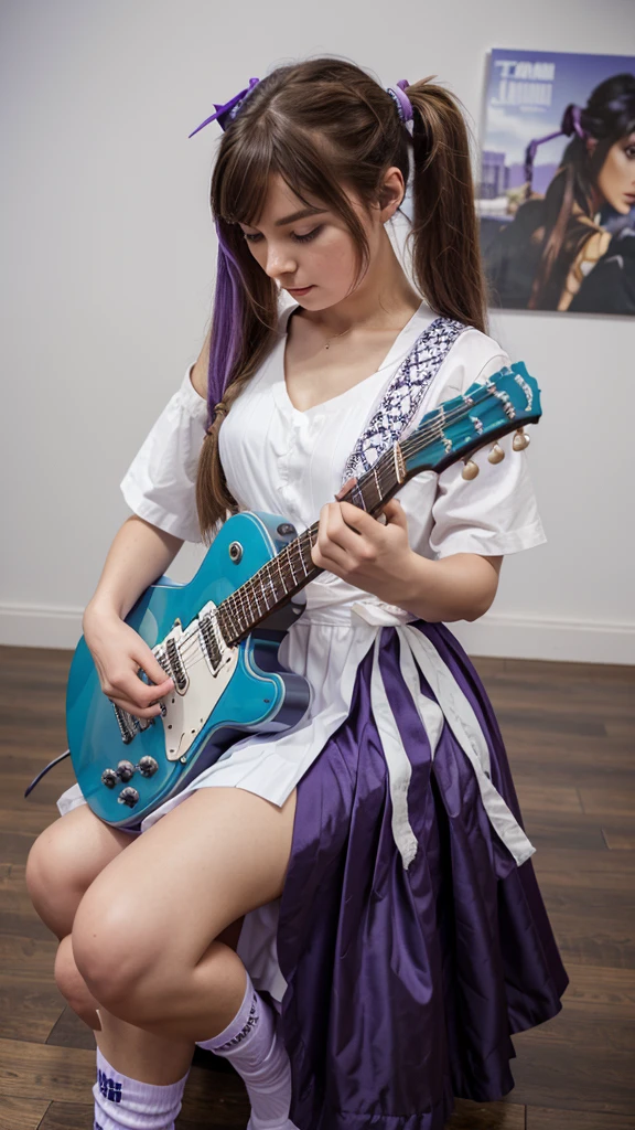 ((masterpiece, best quality))1girl, solo, fashion purple dress modern future, electric guitar,  headphones, ponytail, holding, holding plectrum, instrument, very long brown hair, music, one side up, teal hair, twin tails, playing guiter, pleated long skirt fashion, fashion dress modern purple and white, interior, full body, purple, sit down, walking