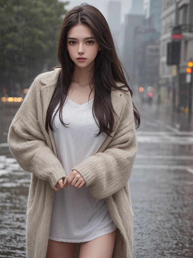 best quality,tmasterpiece,High resolution,Realistic,RAW photo,1girl,dark brown hair,Tall and tall,standing outside in the rain,Sense of strong contrast,Soft and textured skin, cold morning, With a shallow smile, With deep eyes