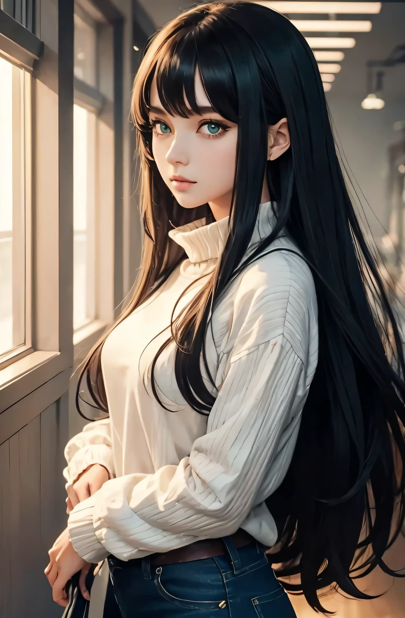 work of art、maximum quality、high resolution、high-quality images、8K, anime girl, standing alone, blackquality hair, long hair, winter clothing, gorgeous green eyes, well drawn eyes, long black pants, blusa de algodão preta de manga comprida com styled risca estofado, tall woman, period clothes, thick blouse with high neck, blouse over pants very straight hair, very green eyes, Good clothes, Men'styled, voluptuous body, medieval fantasy, recatada, long clothing, black backdrop
